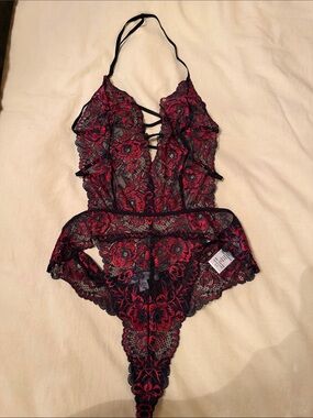 Lace Halter Bodysuit Teddy in Burgundy and Black